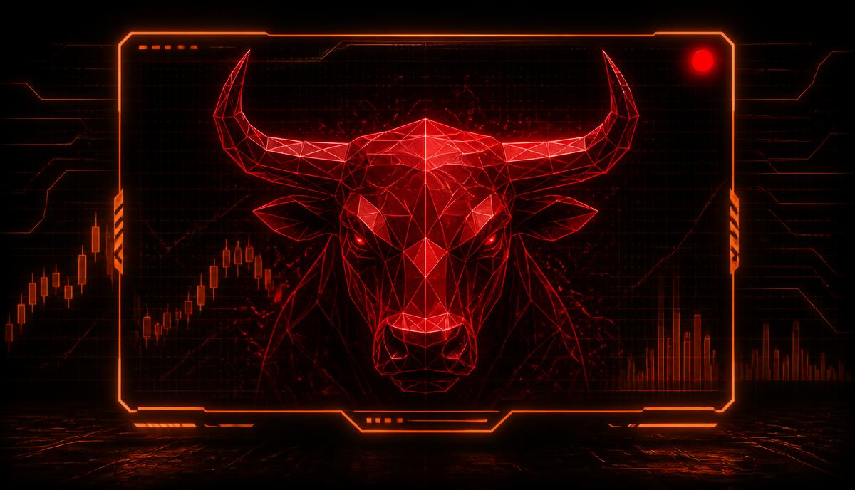 Neon crimson BullDash bull inside a glowing live broadcast frame