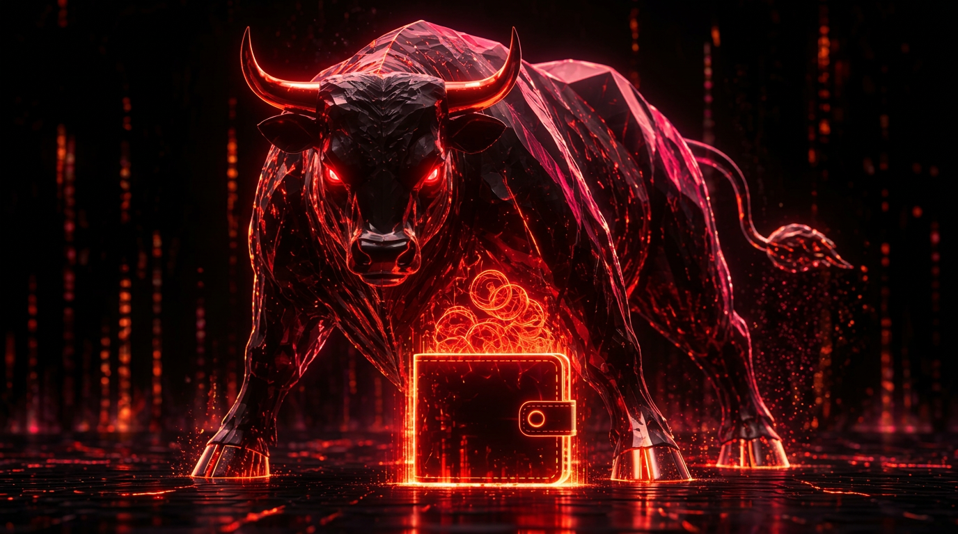 Glowing bull silhouette guarding a crypto wallet