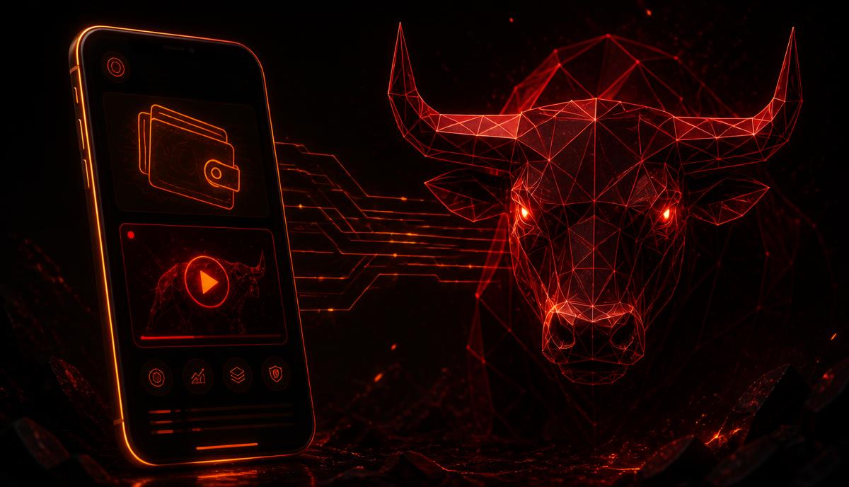 Neon crimson bull head beside a phone showing a crypto wallet and live stream