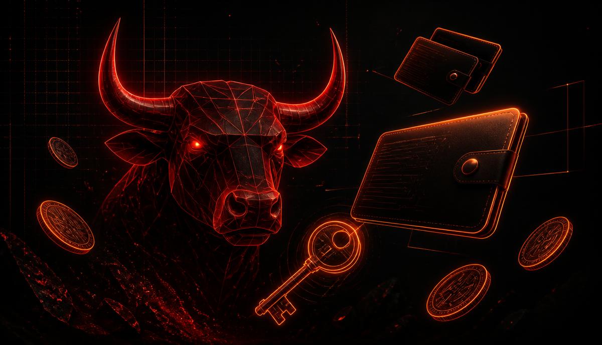 Neon crimson bull head surrounded by glowing wallets, a key and coins