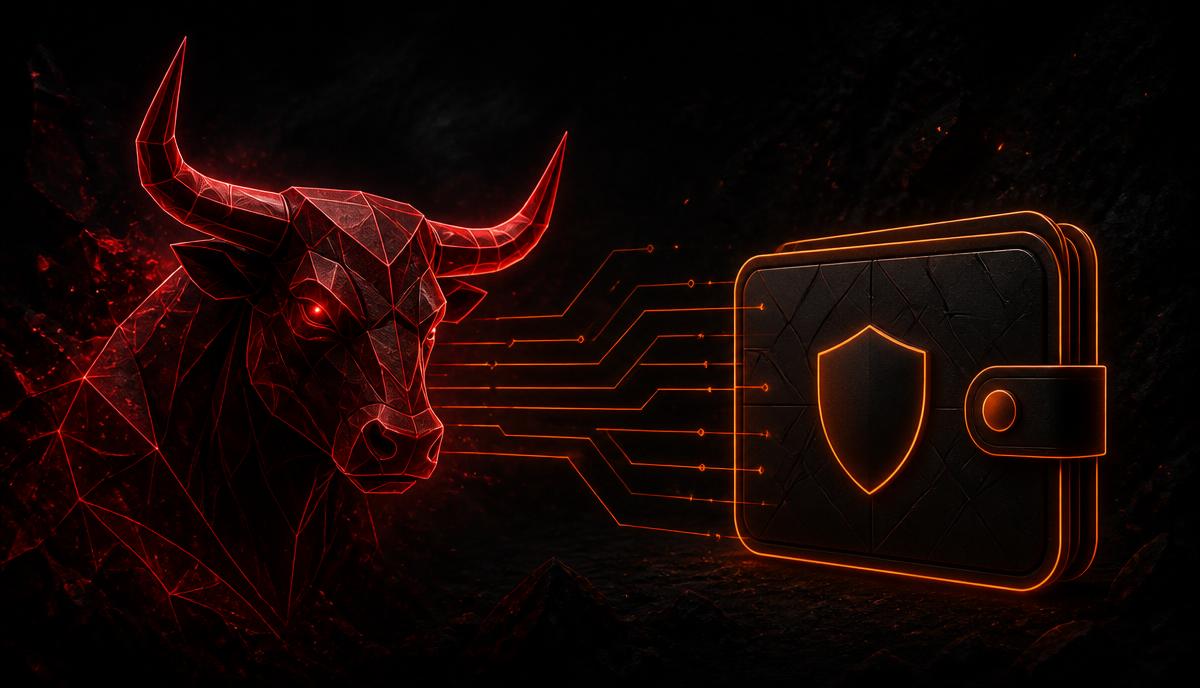 Neon crimson bull head wired to a glowing crypto wallet