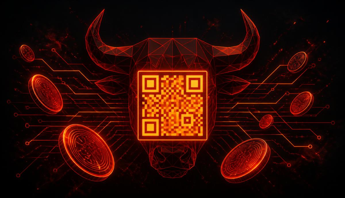 Glowing orange QR code in front of a neon crimson bull head